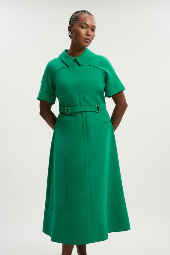 karen millen Plus Size Compact Stretch Tab Detail Full Skirted Midi Dress green