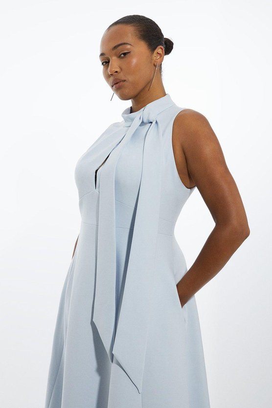 Karen Millen Plus Size Compact Stretch Tie Neck Full Skirted Midi Dress Ivory