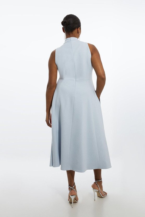 Karen Millen Plus Size Compact Stretch Tie Neck Full Skirted Midi Dress Ivory