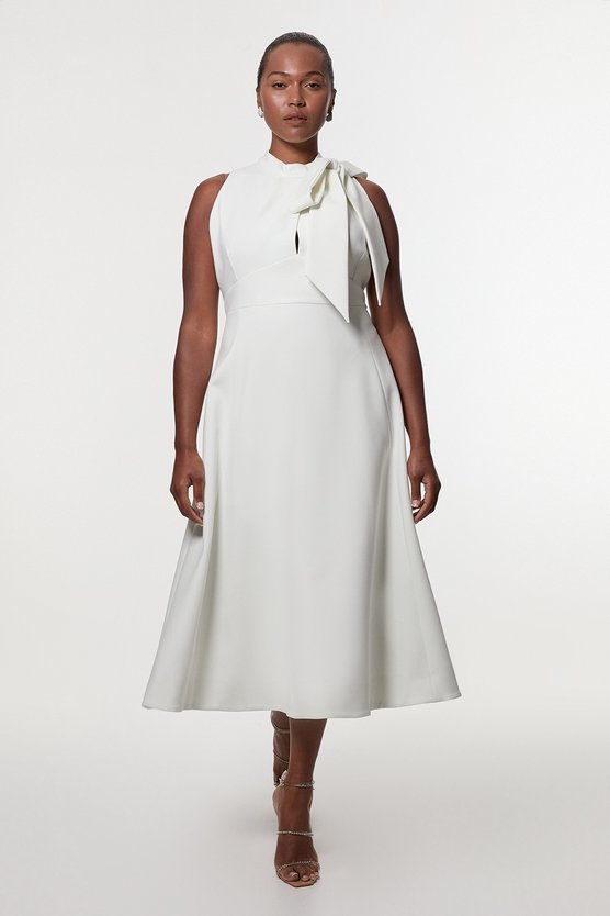karen millen Plus Size Compact Stretch Tie Neck Full Skirted Midi Dress ivory
