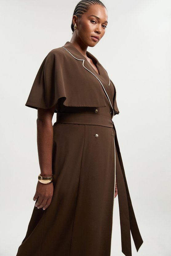 Karen Millen Plus Size Contrast Tipping Tie Waist Short Sleeve Woven Trench Midi Dress Chocolate