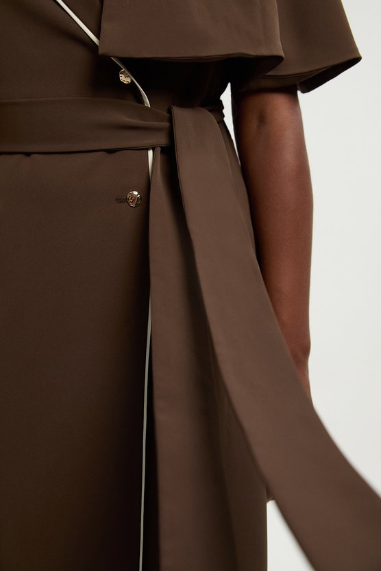Karen Millen Plus Size Contrast Tipping Tie Waist Short Sleeve Woven Trench Midi Dress Chocolate