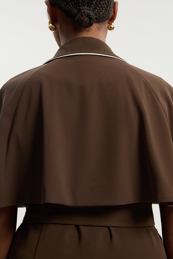 Karen Millen Plus Size Contrast Tipping Tie Waist Short Sleeve Woven Trench Midi Dress Chocolate