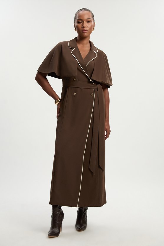 karen millen Plus Size Contrast Tipping Tie Waist Short Sleeve Woven Trench Midi Dress chocolate