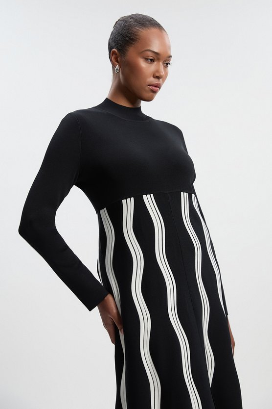 Karen Millen Plus Size Contrast Wave Knit A-Line Knitted Long Sleeve Dress Mono