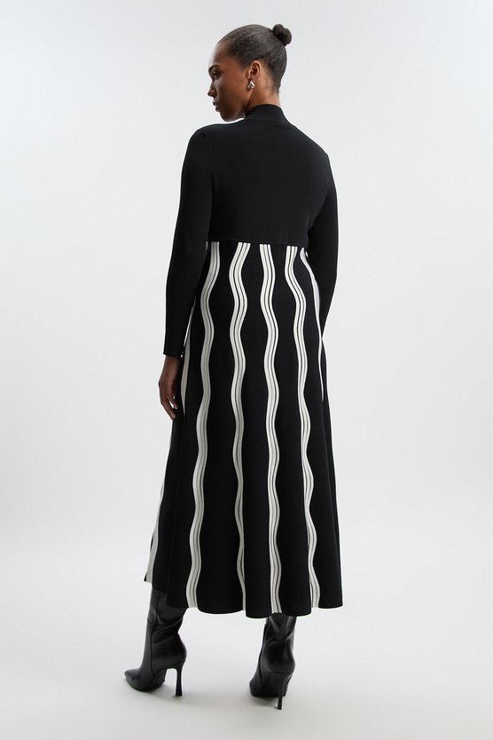 Karen Millen Plus Size Contrast Wave Knit A-Line Knitted Long Sleeve Dress Mono