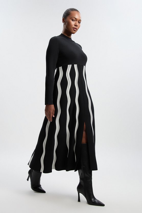 karen millen Plus Size Contrast Wave Knit A-Line Knitted Long Sleeve Dress mono