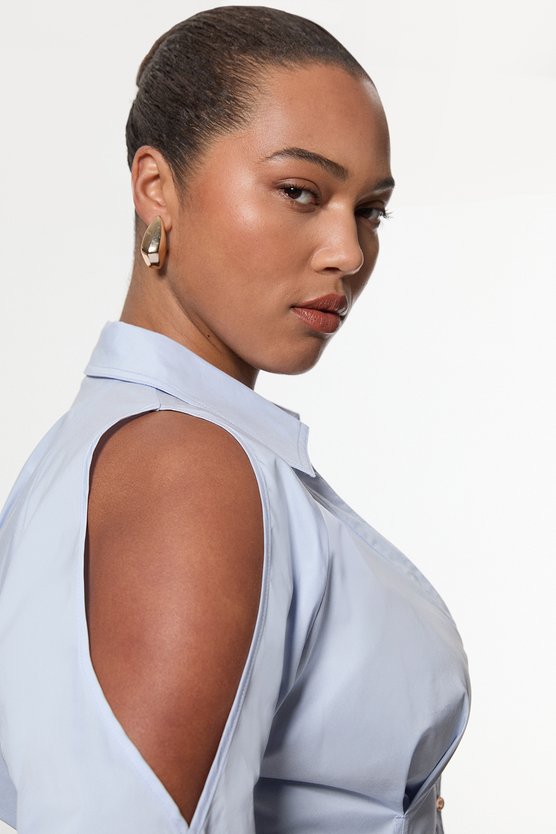 Karen Millen Plus Size Cotton Poplin Woven Shirt Dress With Chain Detail Blue