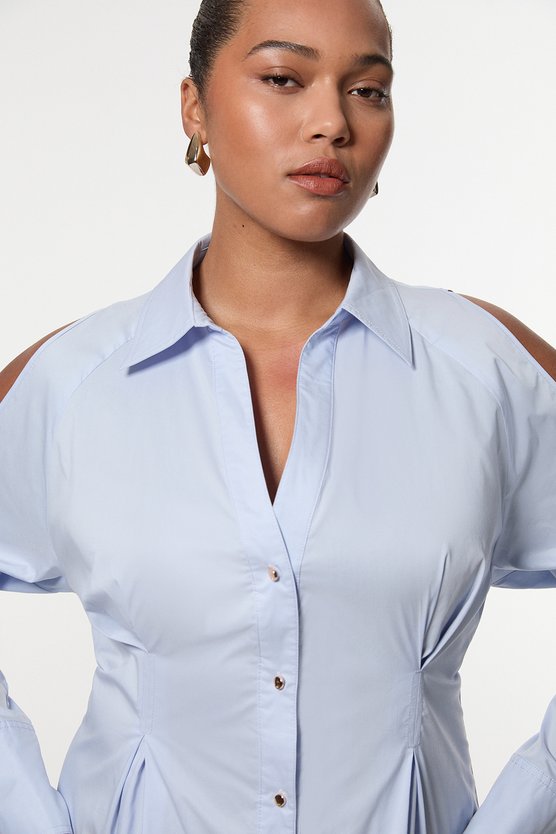 Karen Millen Plus Size Cotton Poplin Woven Shirt Dress With Chain Detail Blue