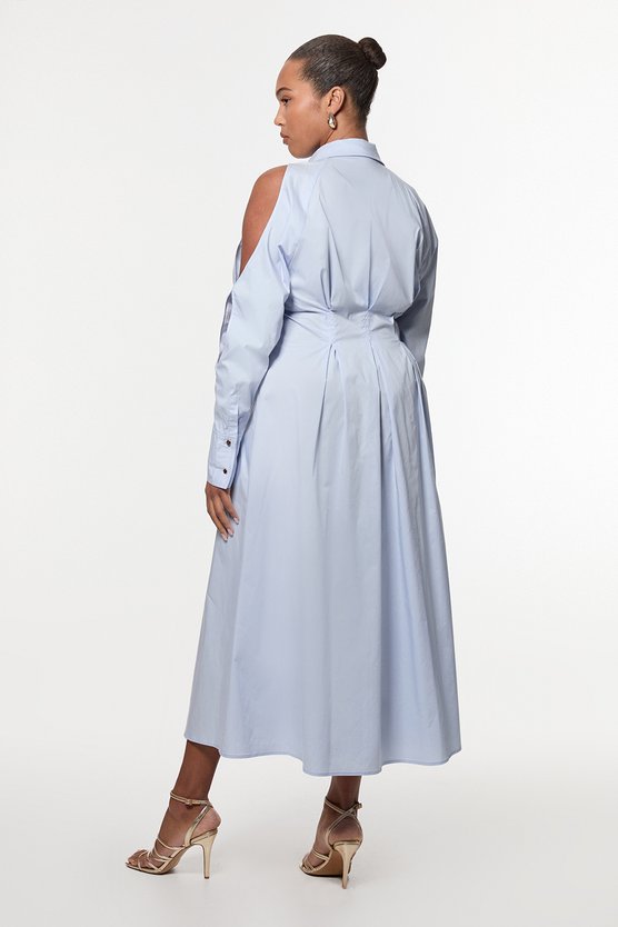 Karen Millen Plus Size Cotton Poplin Woven Shirt Dress With Chain Detail Blue