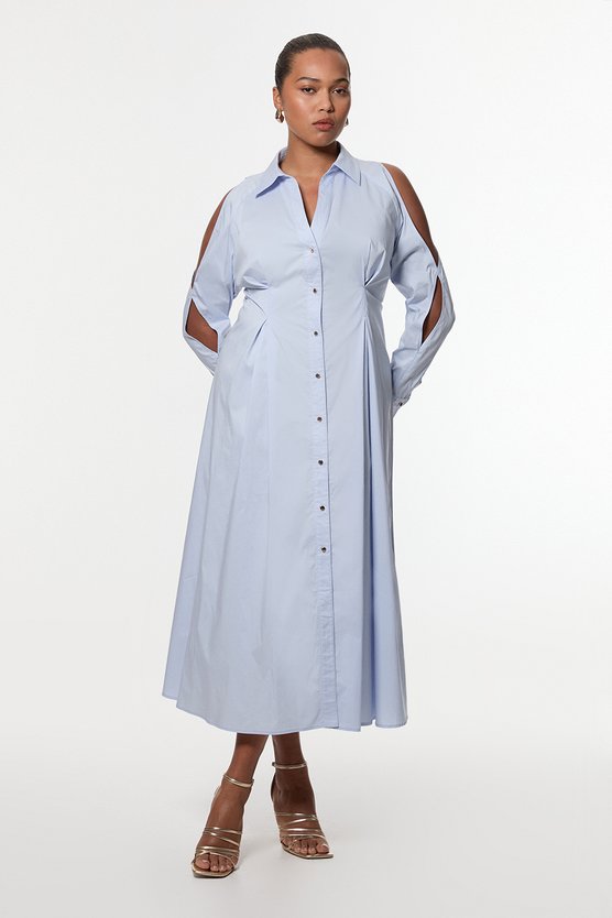 karen millen Plus Size Cotton Poplin Woven Shirt Dress With Chain Detail blue