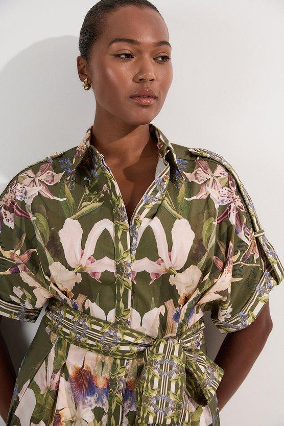 Karen Millen Plus Size Cotton Sateen Floral Woven Belted Maxi Shirt Dress Khaki