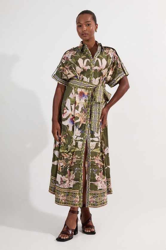 Karen Millen Plus Size Cotton Sateen Floral Woven Belted Maxi Shirt Dress Khaki