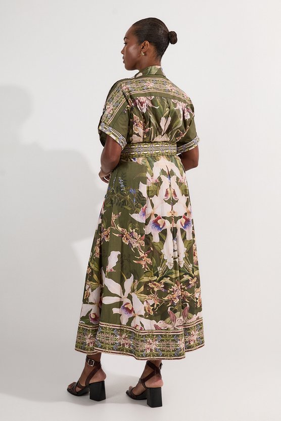 Karen Millen Plus Size Cotton Sateen Floral Woven Belted Maxi Shirt Dress Khaki