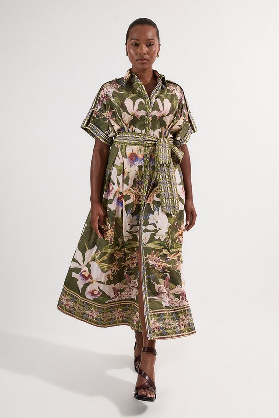 karen millen Plus Size Cotton Sateen Floral Woven Belted Maxi Shirt Dress khaki