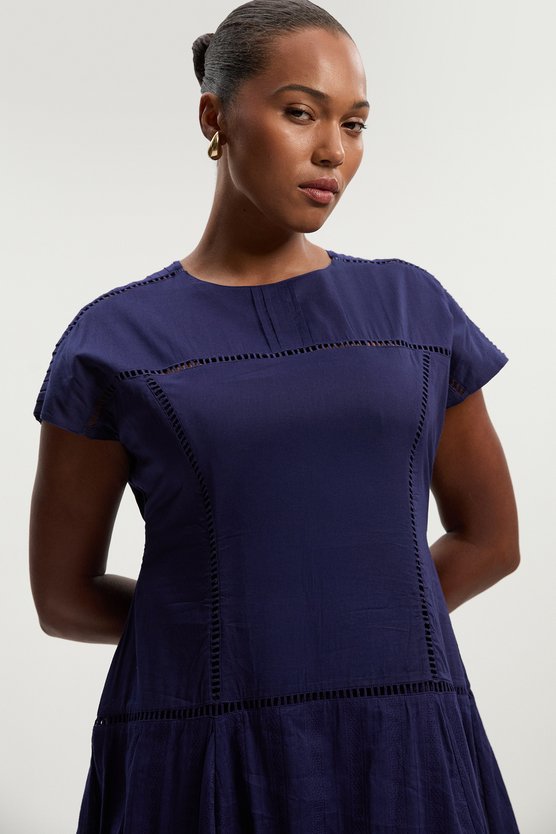 Karen Millen Plus Size Cotton With Lace Trim Insert Hanky Hem Woven Midi Dress Navy
