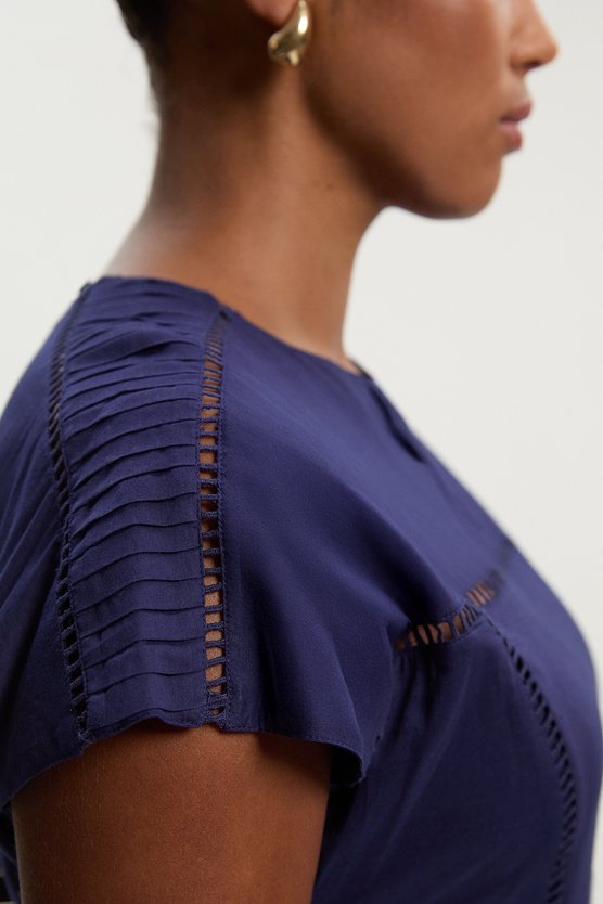 Karen Millen Plus Size Cotton With Lace Trim Insert Hanky Hem Woven Midi Dress Navy