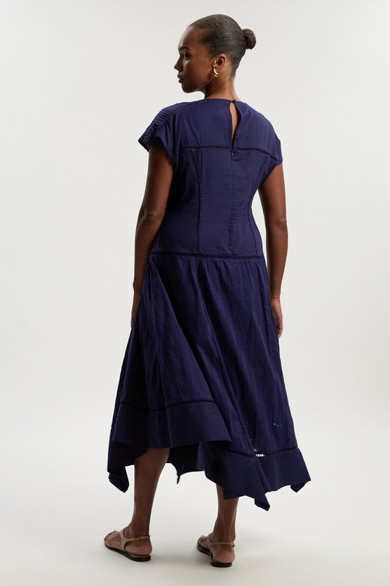 Karen Millen Plus Size Cotton With Lace Trim Insert Hanky Hem Woven Midi Dress Navy