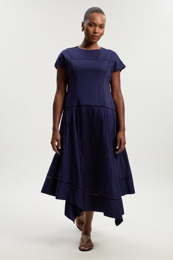 karen millen Plus Size Cotton With Lace Trim Insert Hanky Hem Woven Midi Dress navy