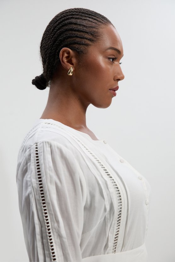 Karen Millen Plus Size Cotton With Lace Trim Insert Woven Long Sleeve Midi Dress White