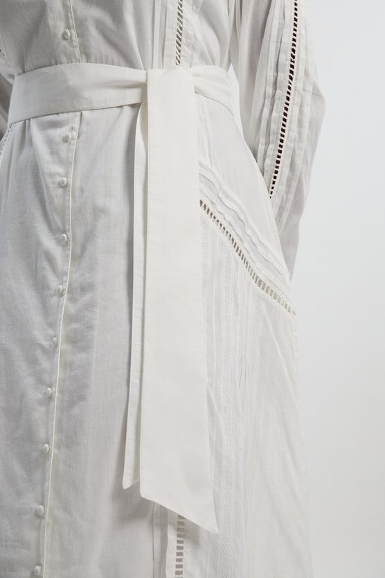 Karen Millen Plus Size Cotton With Lace Trim Insert Woven Long Sleeve Midi Dress White