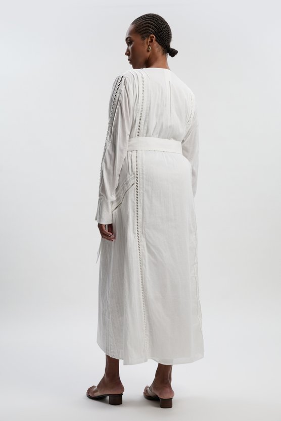 Karen Millen Plus Size Cotton With Lace Trim Insert Woven Long Sleeve Midi Dress White