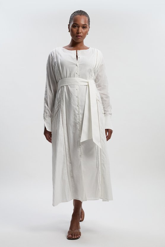 karen millen Plus Size Cotton With Lace Trim Insert Woven Long Sleeve Midi Dress white