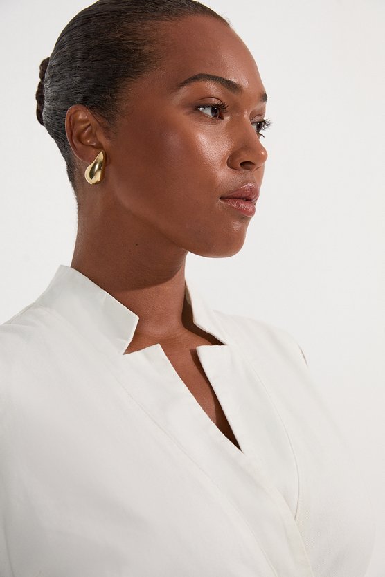 Karen Millen Plus Size Denim Tailored Notch Neck Belted Fluid Midi Dress Ivory