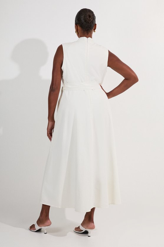 Karen Millen Plus Size Denim Tailored Notch Neck Belted Fluid Midi Dress Ivory