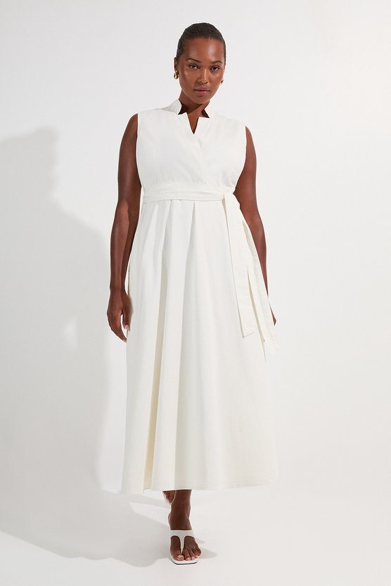 karen millen Plus Size Denim Tailored Notch Neck Belted Fluid Midi Dress ivory