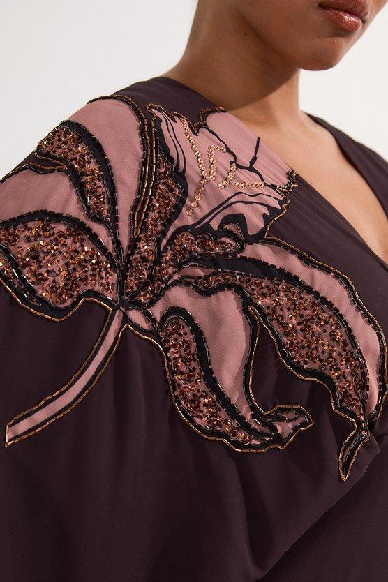 Karen Millen Plus Size Drama Kimono Sleeve Printed And Beaded Woven Maxi Dress Chocolate