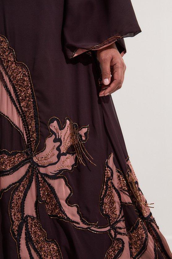 Karen Millen Plus Size Drama Kimono Sleeve Printed And Beaded Woven Maxi Dress Chocolate