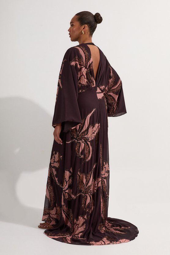 Karen Millen Plus Size Drama Kimono Sleeve Printed And Beaded Woven Maxi Dress Chocolate
