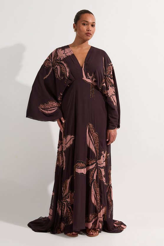 karen millen Plus Size Drama Kimono Sleeve Printed And Beaded Woven Maxi Dress chocolate
