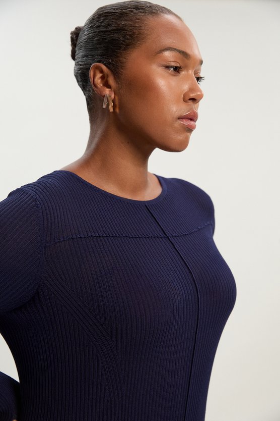 Karen Millen Plus Size Drapey Sheer Rib Knitted Midi Dress Navy