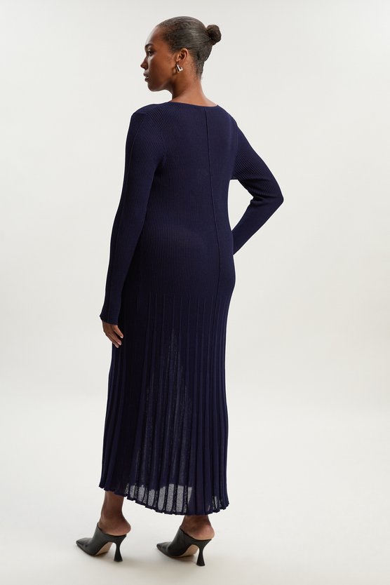 Karen Millen Plus Size Drapey Sheer Rib Knitted Midi Dress Navy