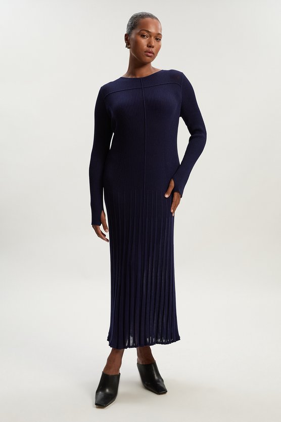 karen millen Plus Size Drapey Sheer Rib Knitted Midi Dress navy