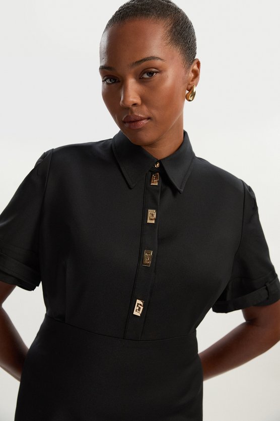 Karen Millen Plus Size Essential Techno Short Sleeve Woven Shirt Dress With Gold Hardware Black