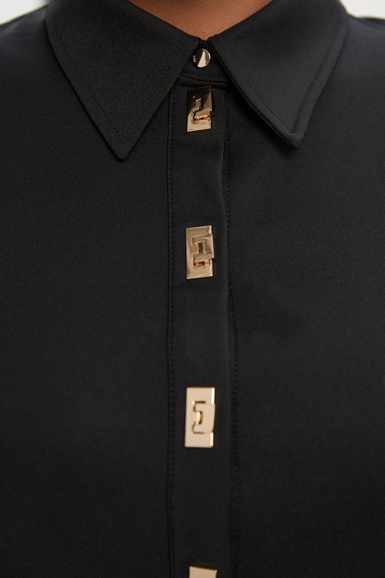 Karen Millen Plus Size Essential Techno Short Sleeve Woven Shirt Dress With Gold Hardware Black