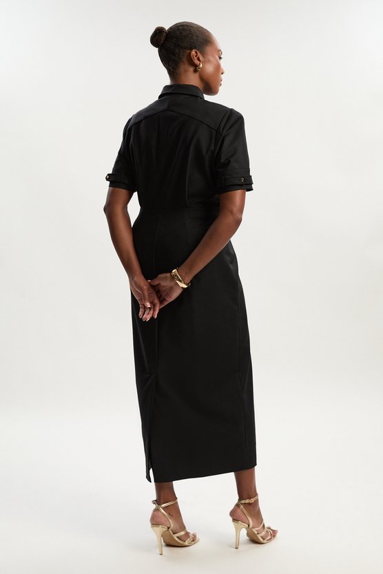 Karen Millen Plus Size Essential Techno Short Sleeve Woven Shirt Dress With Gold Hardware Black