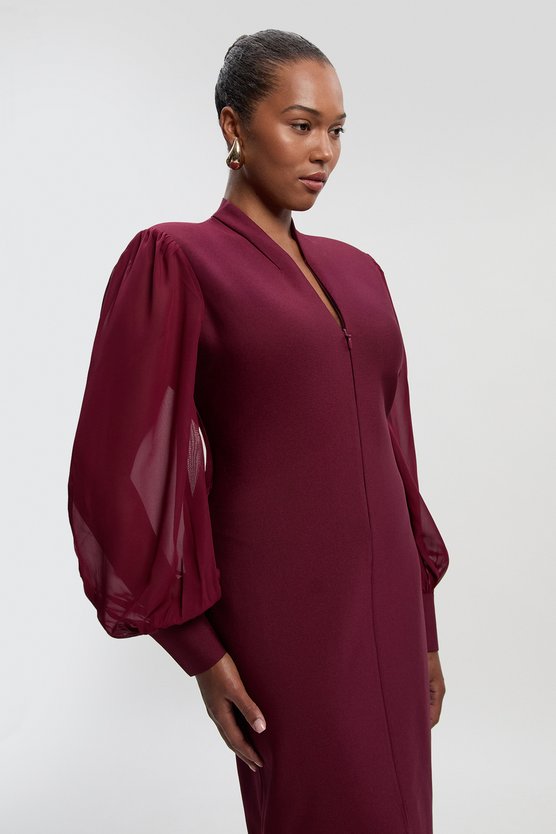 Karen Millen Plus Size Figure Bandage Figure Form Zip Detail Chiffon Sleeve Knit Dress Burgundy