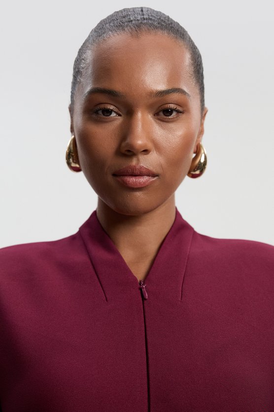 Karen Millen Plus Size Figure Bandage Figure Form Zip Detail Chiffon Sleeve Knit Dress Burgundy