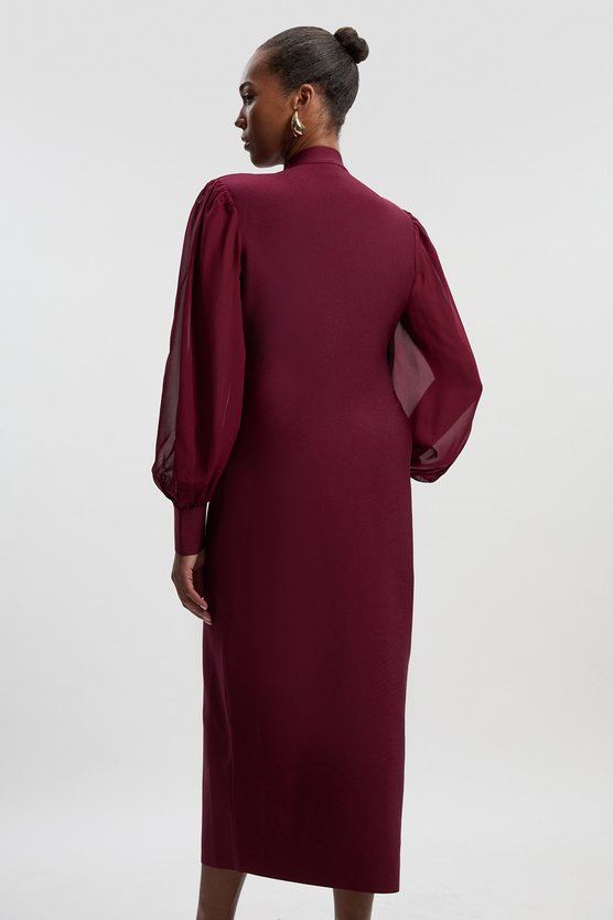 Karen Millen Plus Size Figure Bandage Figure Form Zip Detail Chiffon Sleeve Knit Dress Burgundy
