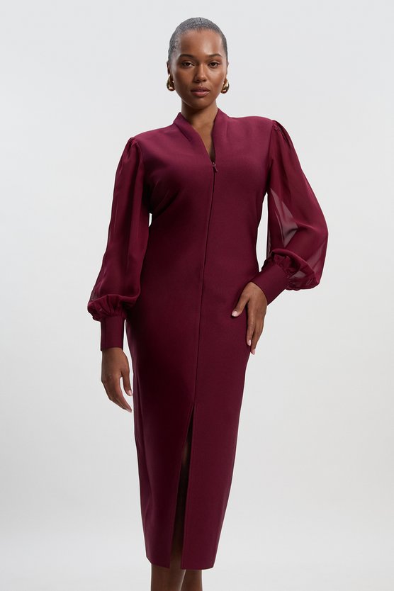 karen millen Plus Size Figure Bandage Figure Form Zip Detail Chiffon Sleeve Knit Dress burgundy