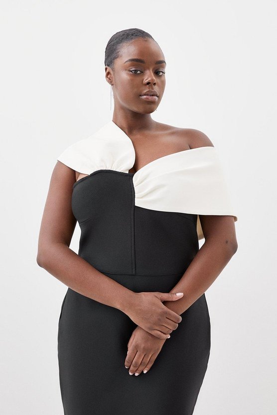 Karen Millen Plus Size Figure Form Bandage Knit Asymmetric Strap Midi Dress Black