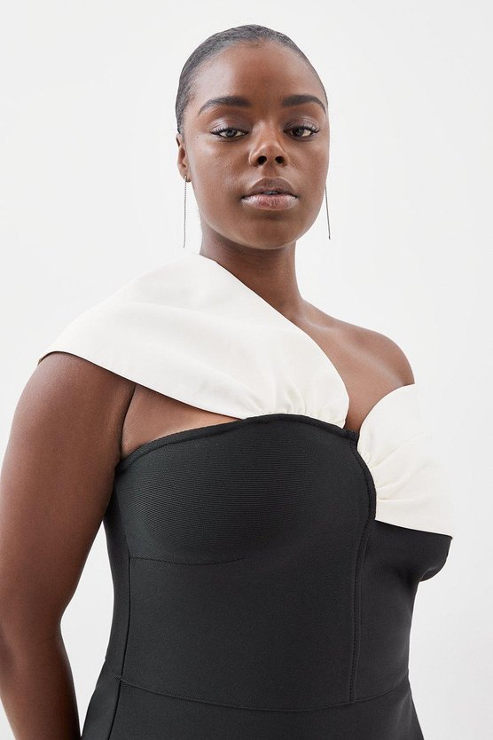 Karen Millen Plus Size Figure Form Bandage Knit Asymmetric Strap Midi Dress Black