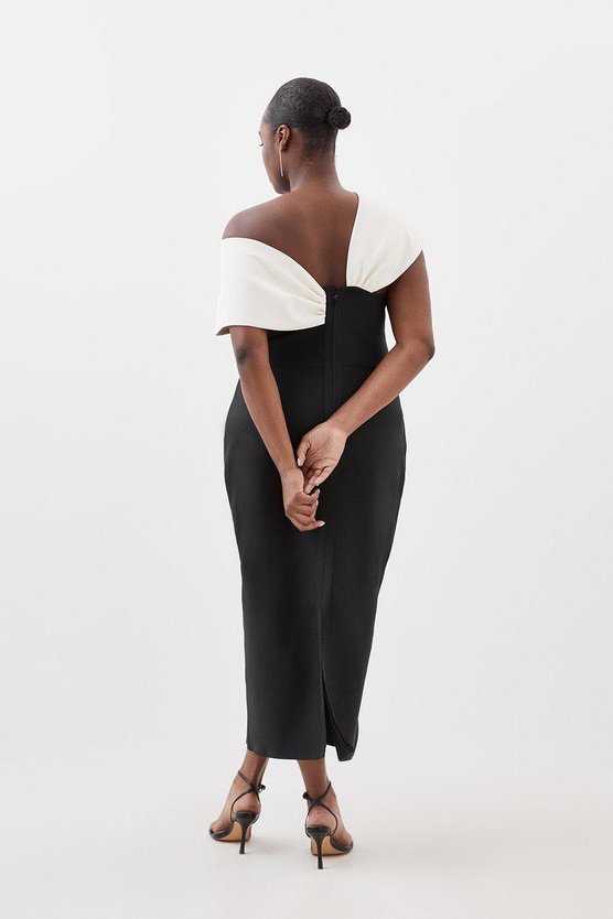 Karen Millen Plus Size Figure Form Bandage Knit Asymmetric Strap Midi Dress Black