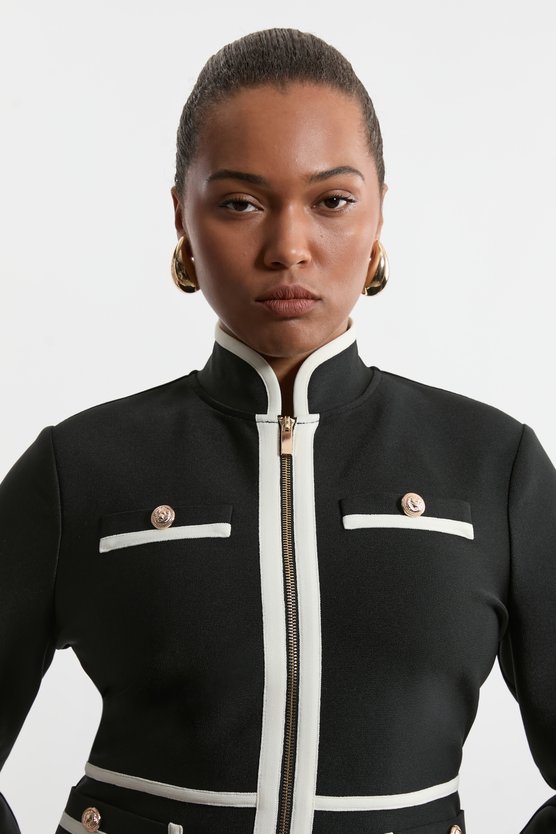 Karen Millen Plus Size Figure Form Bandage Knit Piping Detail Military Dress Mono