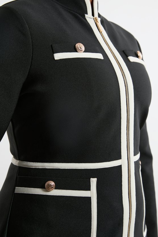 Karen Millen Plus Size Figure Form Bandage Knit Piping Detail Military Dress Mono