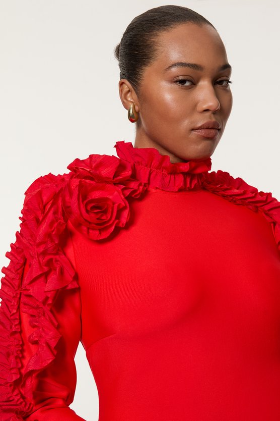 Karen Millen Plus Size Figure Form Bandage Knit Rosette Detail Midi Dress Neutral